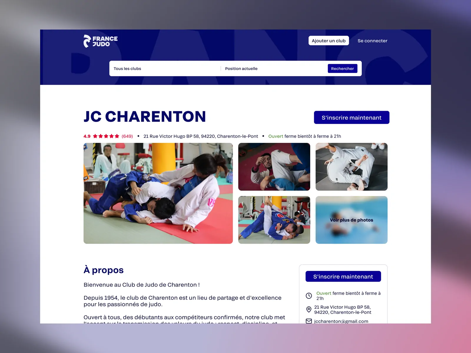 Page du club JC Charenton sur le site France Judo, avec photos et informations pratiques.