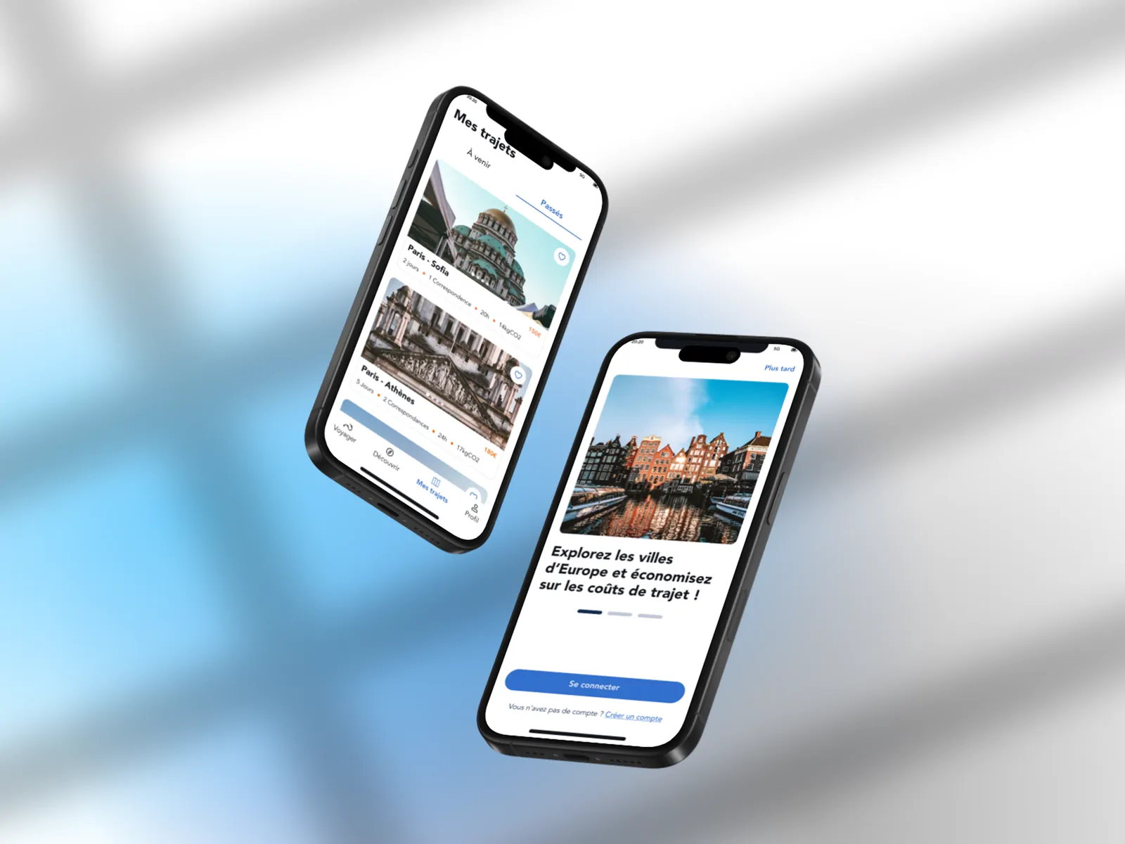 Aperçu mobile de l'application WeTravel affichant la liste des trajets et l'écran d'accueil avec des recommandations de villes européennes.